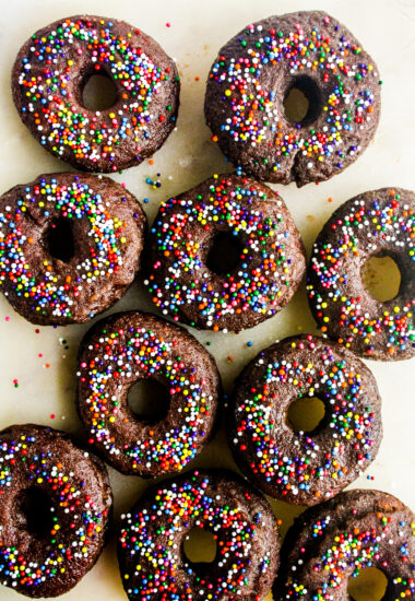 Fried, yeasted chocolate donuts with cocoa glaze