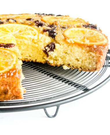 Moist orange cake with an orange cranberry caramel topping