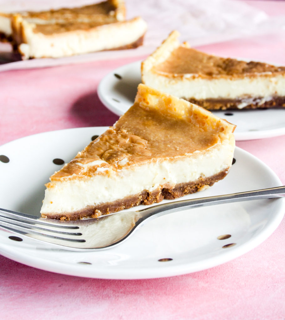 Tangy, creamy, classic baked cheesecake made without eggs