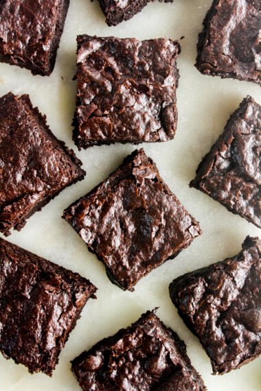 The best fudgy eggless brownies with a shiny crackly crust!