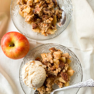Crunchy, toasty, spiced apple crumble with ginger biscuits and walnuts