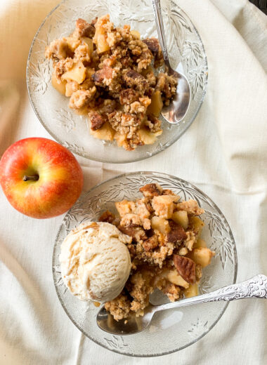 Crunchy, toasty, spiced apple crumble with ginger biscuits and walnuts