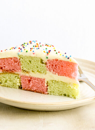 Classic vanilla butter cake in a two-coloured checkerboard pattern with tangy cream cheese frosting!