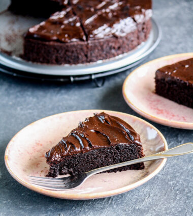 Moist, rich chocolate cake made with beetroot puree, topped with chocolate ganache