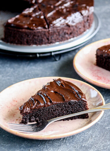 Moist, rich chocolate cake made with beetroot puree, topped with chocolate ganache