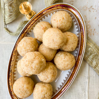 Soft and moist cardamom saffron flavoured laddoos made with rawa (semolina) and coconut. A Diwali favourite!
