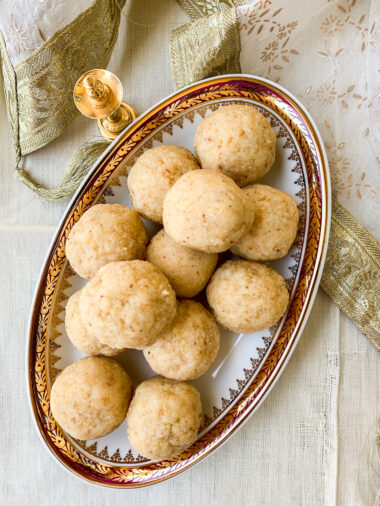 Soft and moist cardamom saffron flavoured laddoos made with rawa (semolina) and coconut. A Diwali favourite!