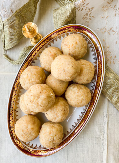 Soft and moist cardamom saffron flavoured laddoos made with rawa (semolina) and coconut. A Diwali favourite!