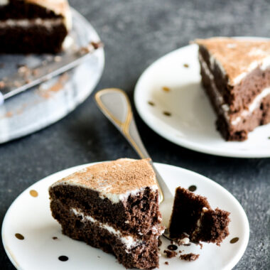 A soft and fluffy chocolate sour cream sponge cake with sour cream frosting