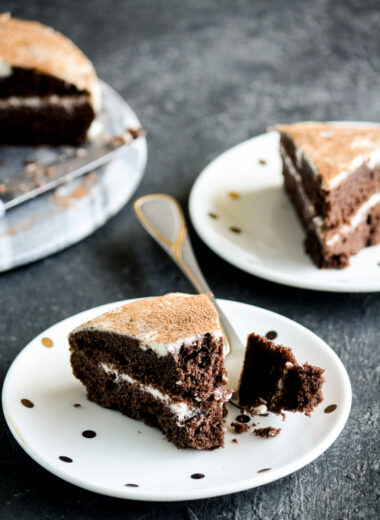 A soft and fluffy chocolate sour cream sponge cake with sour cream frosting