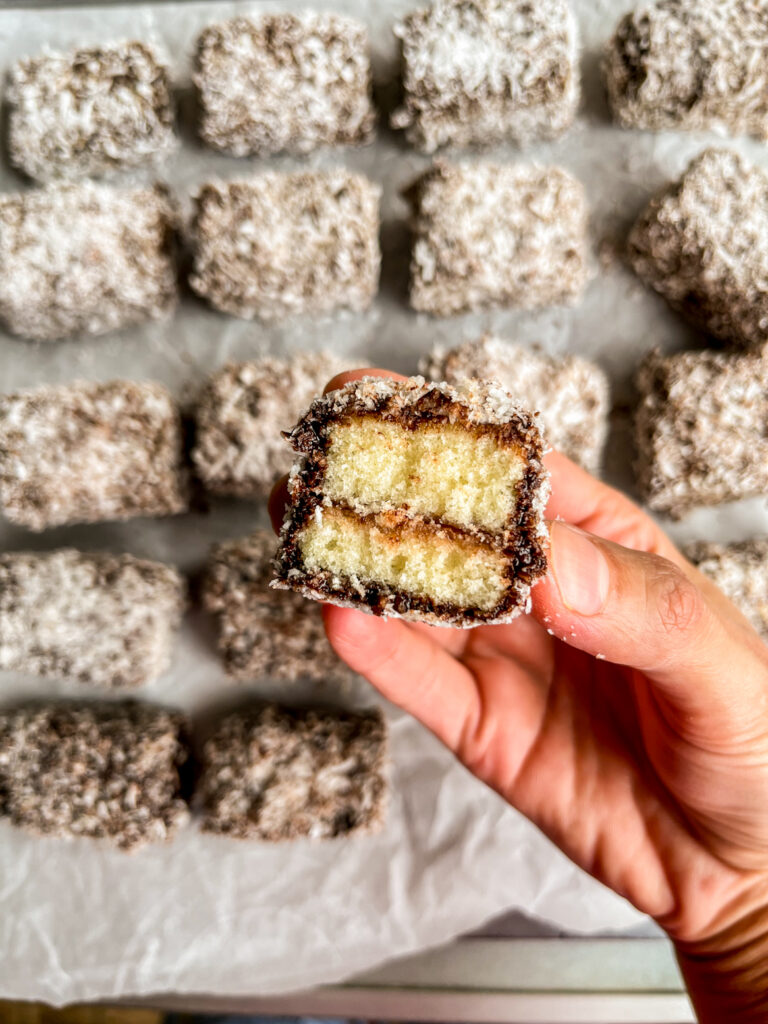 Soft sponge cake coated in dark chocolate icing and desiccated coconut