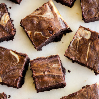 Extra fudgy dark chocolate brownies with cheesecake batter swirled into them
