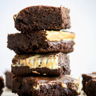 Extra fudgy dark chocolate brownies with cheesecake batter swirled into them