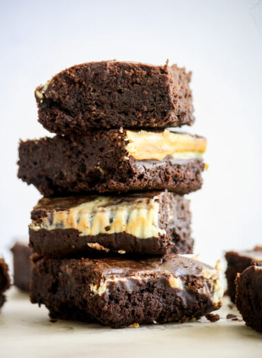 Extra fudgy dark chocolate brownies with cheesecake batter swirled into them