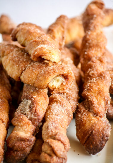 Flaky buttery Danish dough twists coated in cinnamon sugar