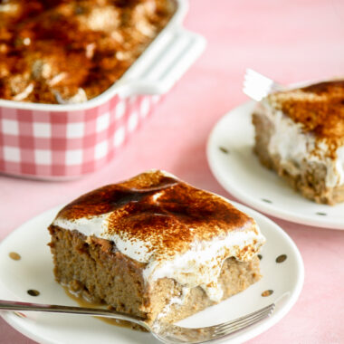 Moist coffee sponge soaked in coffee flavoured tres leches mixture, topped with whipped cream