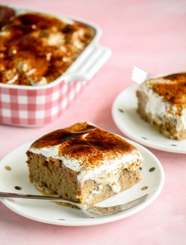 Moist coffee sponge soaked in coffee flavoured tres leches mixture, topped with whipped cream