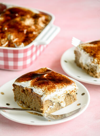 Moist coffee sponge soaked in coffee flavoured tres leches mixture, topped with whipped cream