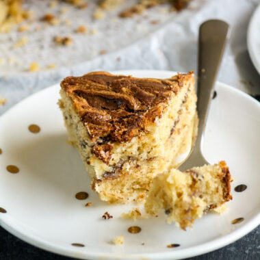 Soft and buttery peanut butter cake with Nutella swirled through it!