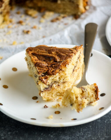 Soft and buttery peanut butter cake with Nutella swirled through it!