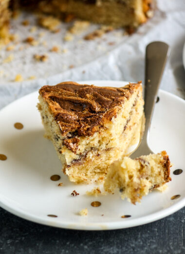 Soft and buttery peanut butter cake with Nutella swirled through it!