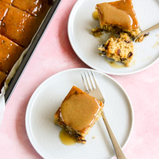 Moist date cake with a buttery toffee sauce