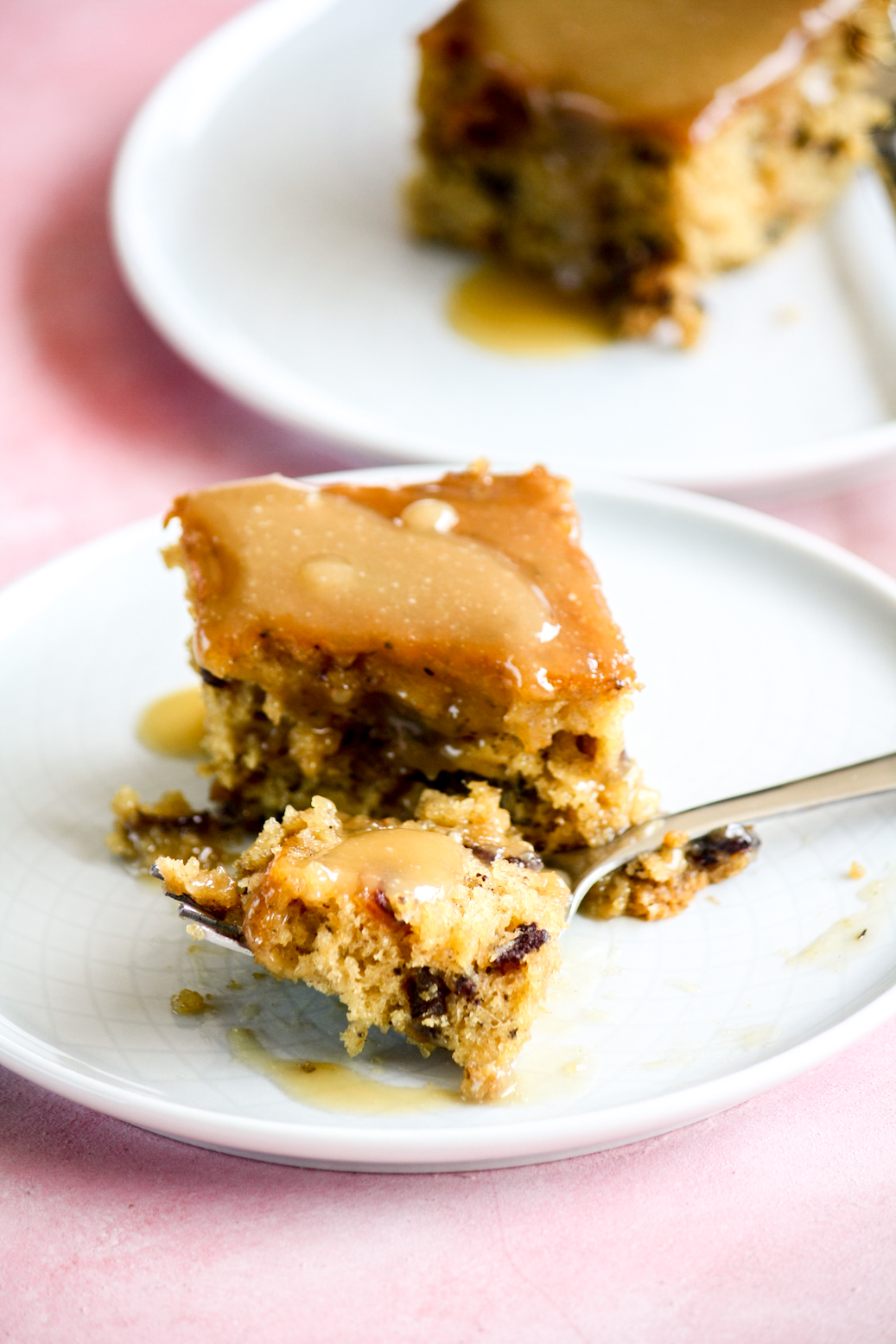 A soft date cake topped with a delicious toffee sauce