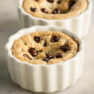 Gooey chocolate chip cookies baked in ramekins