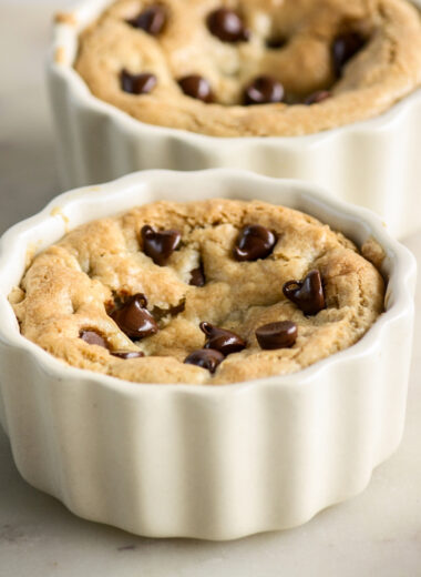 Gooey chocolate chip cookies baked in ramekins