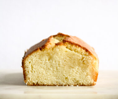 Soft lemon scented butter cake with a tart lemon syrup poured on top