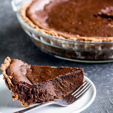 A rich, decadent chocolate and cream filling in a chocolate pie crust