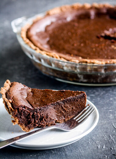 A rich, decadent chocolate and cream filling in a chocolate pie crust