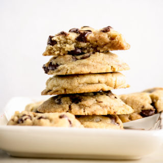 Crispy edged, chewy centered vegan chocolate chip cookies