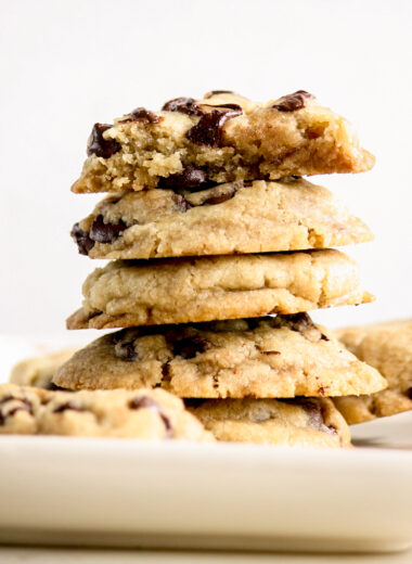 Crispy edged, chewy centered vegan chocolate chip cookies