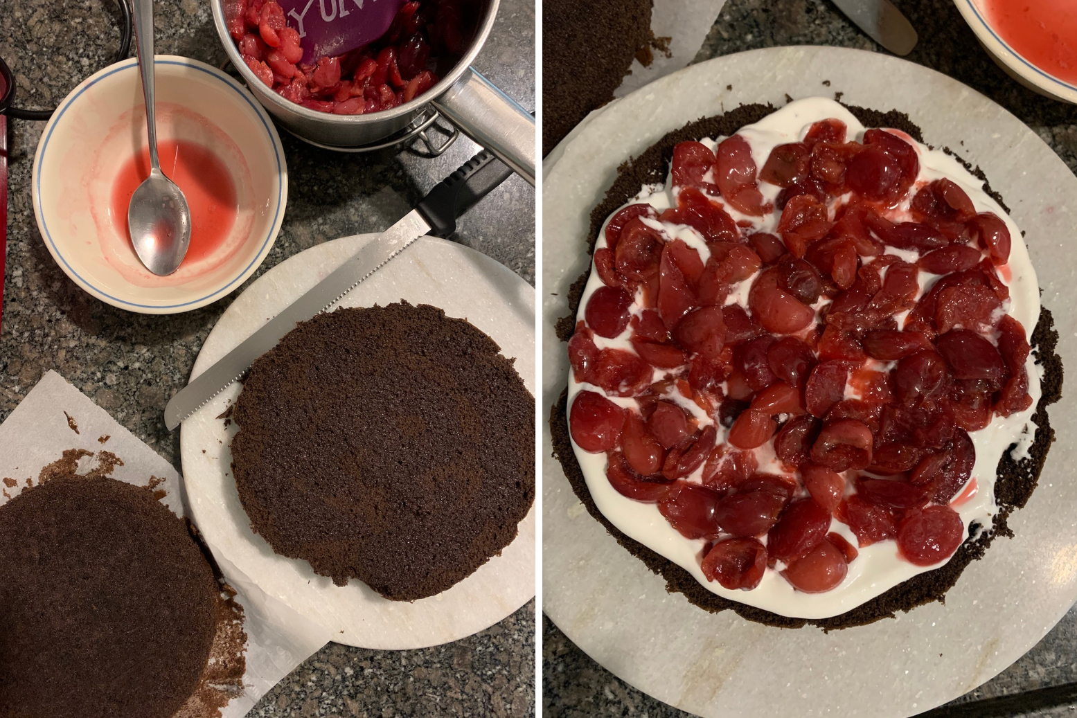 Light chocolate Genoise sponge layered with boozy cherries and whipped cream