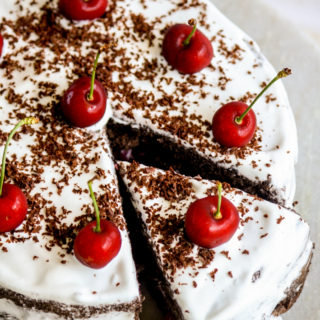 Light chocolate Genoise sponge layered with boozy fresh cherries and whipped cream