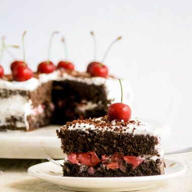 Light chocolate Genoise sponge layered with boozy fresh cherries and whipped cream