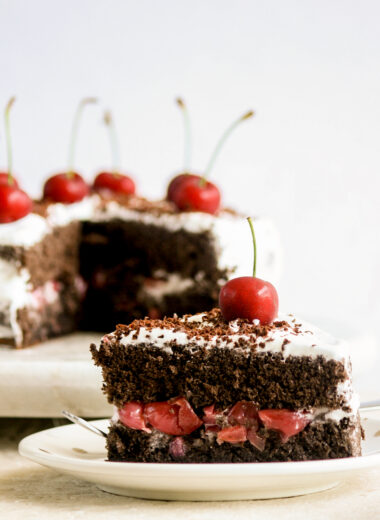 Light chocolate Genoise sponge layered with boozy fresh cherries and whipped cream