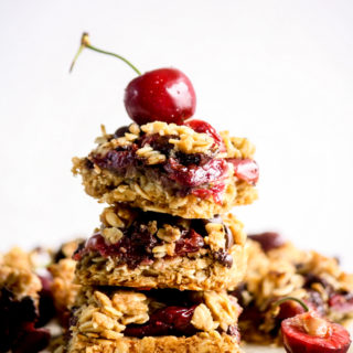 Chewy, crunchy oat crumble bars with roasted cherries and chocolate chips