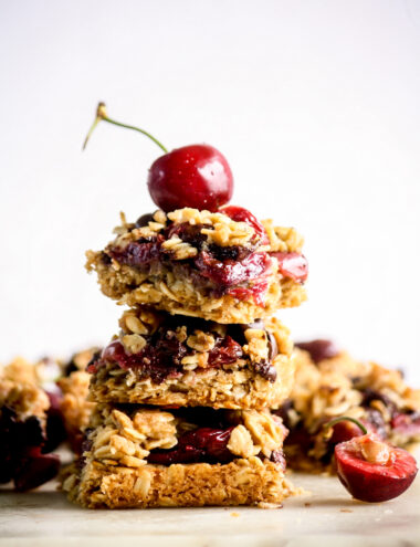 Chewy, crunchy oat crumble bars with roasted cherries and chocolate chips