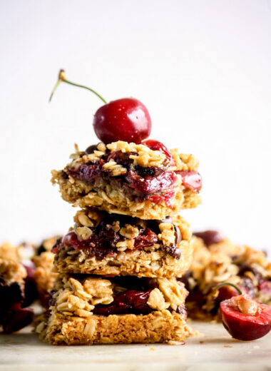 Chewy, crunchy oat crumble bars with roasted cherries and chocolate chips