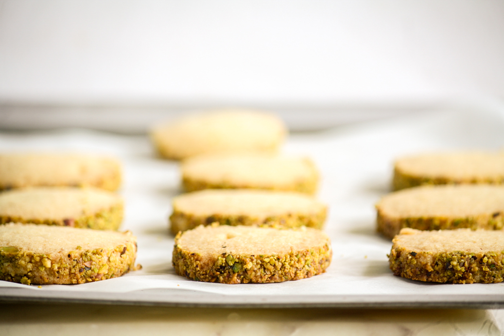 Classic, crumbly butter biscuits coated in pistachios