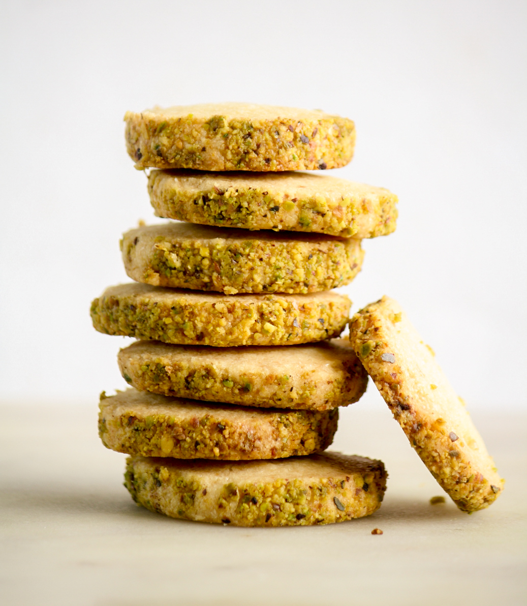Classic, crumbly butter biscuits coated in pistachios