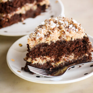 Moist, rich chocolate cake filled with an easy toasted coconut and pecan custard