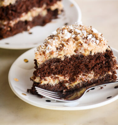 Moist, rich chocolate cake filled with an easy toasted coconut and pecan custard
