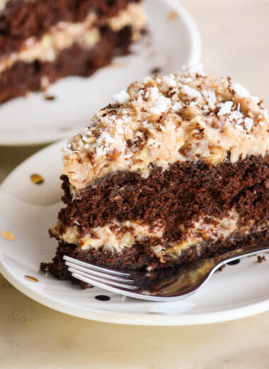 Moist, rich chocolate cake filled with an easy toasted coconut and pecan custard