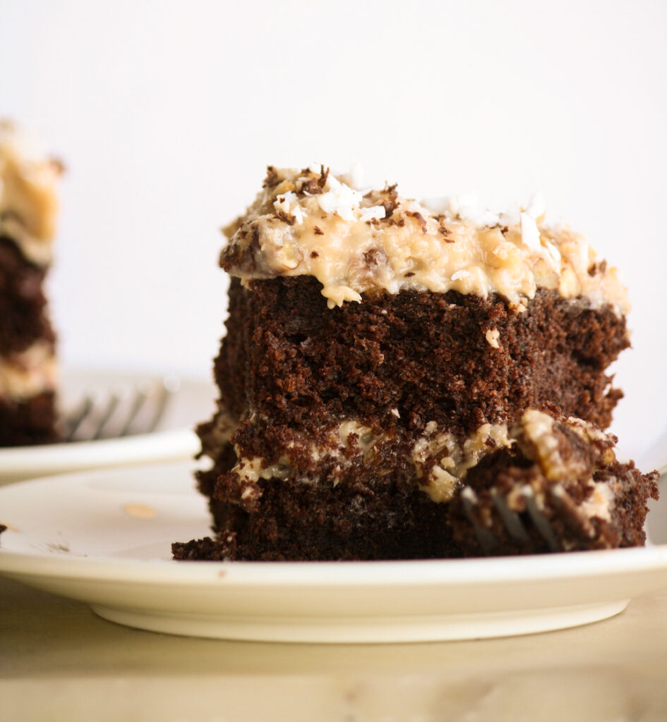 Moist, rich chocolate cake filled with an easy toasted coconut and pecan custard