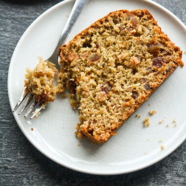 Soft, citrusy loaf cake with rum-soaked dates