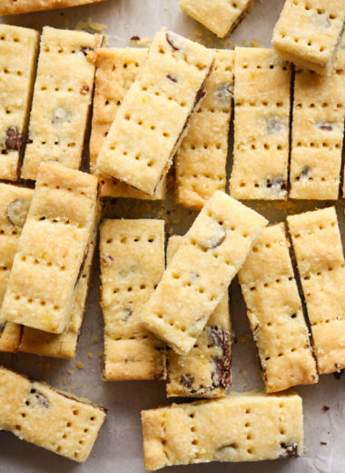 Classic buttery shortbread biscuits with chocolate chips and orange zest