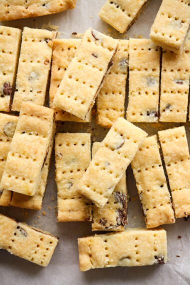 Classic buttery shortbread biscuits with chocolate chips and orange zest